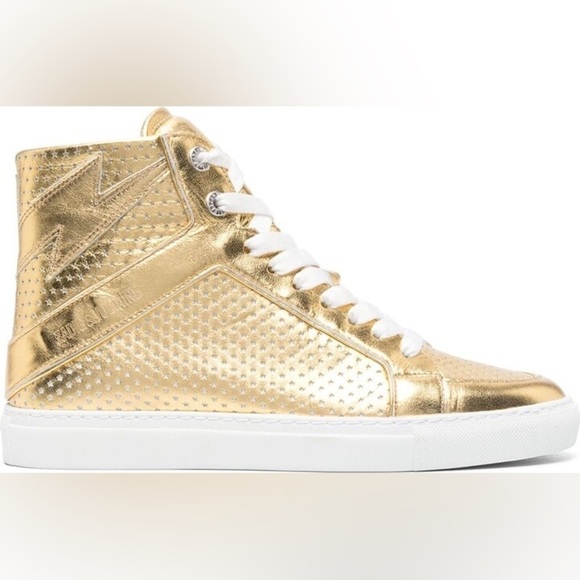 NIB Zadig & Voltaire High Flash Vintage Metal Perforated Stars Sneakers Gold 41 - Picture 1 of 16